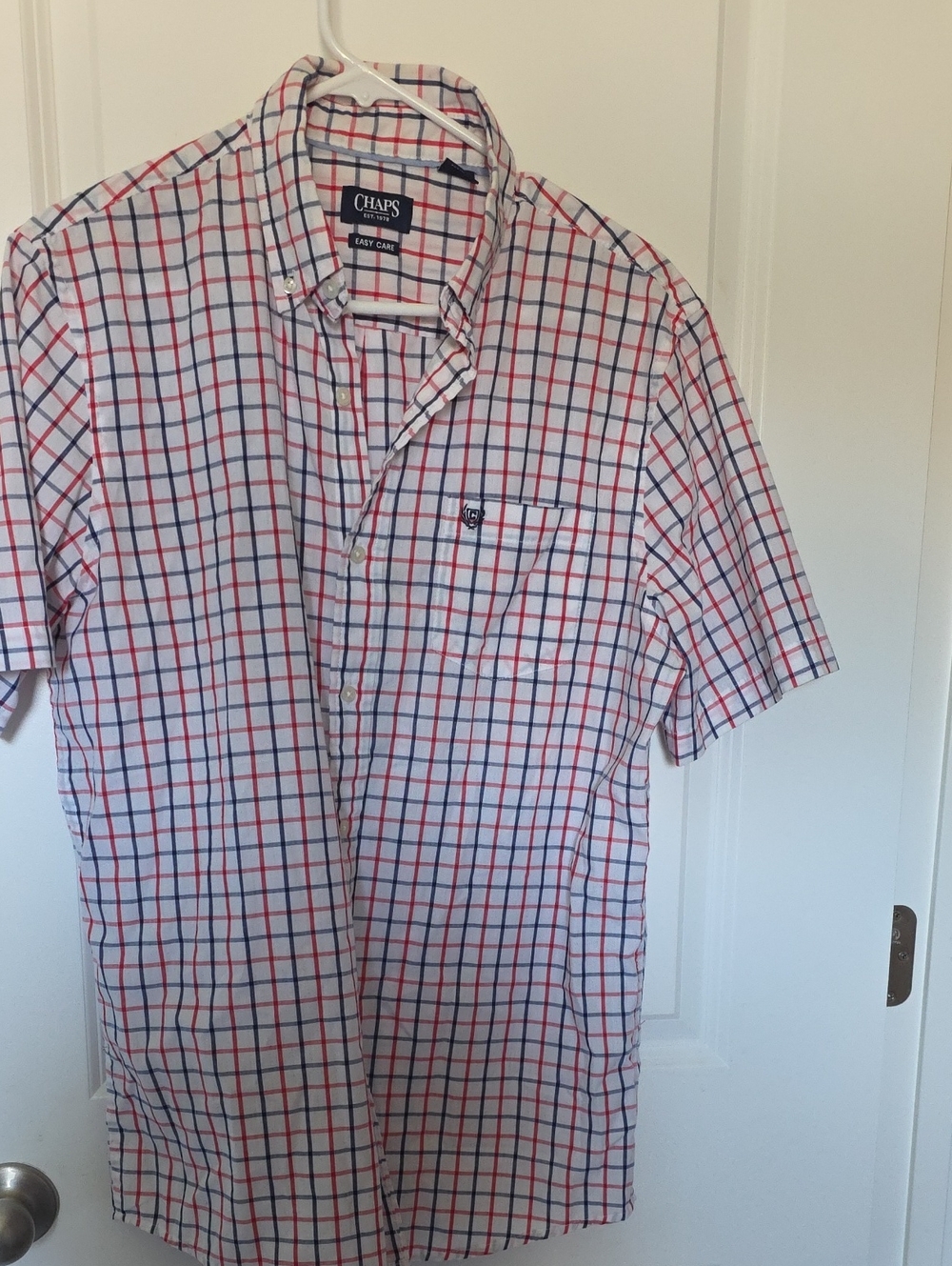 Chaps Short-Sleeve Button-Down Shirt in White with Red & Blue Plaid